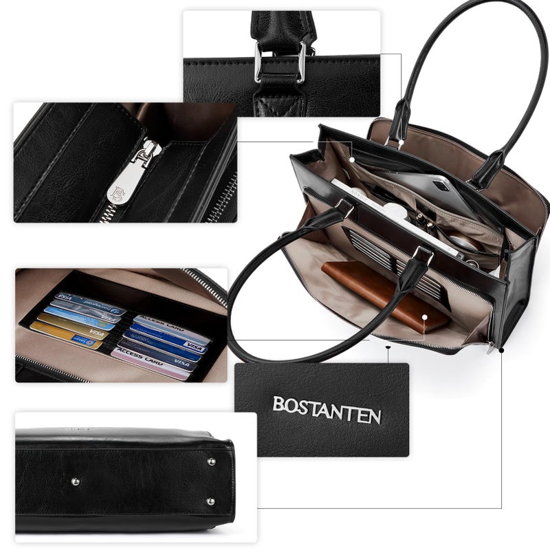BOSTANTEN Leather Briefcase for Women Vintage 15.6 inch Laptop Bag for Women Business Shoulder Handbag Black - Image 5